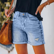 Michelle Shorts | Hoge Taille Denim Shorts met Omgerolde Zoom en Relaxte Fit
