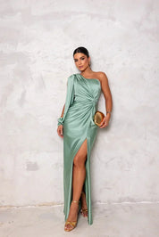 Dames Maxi Jurk met Split One Shoulder Elegant Feestelijk Vloerlengte - Turkoois / Olijfgroen / Marineblauw - Maelen