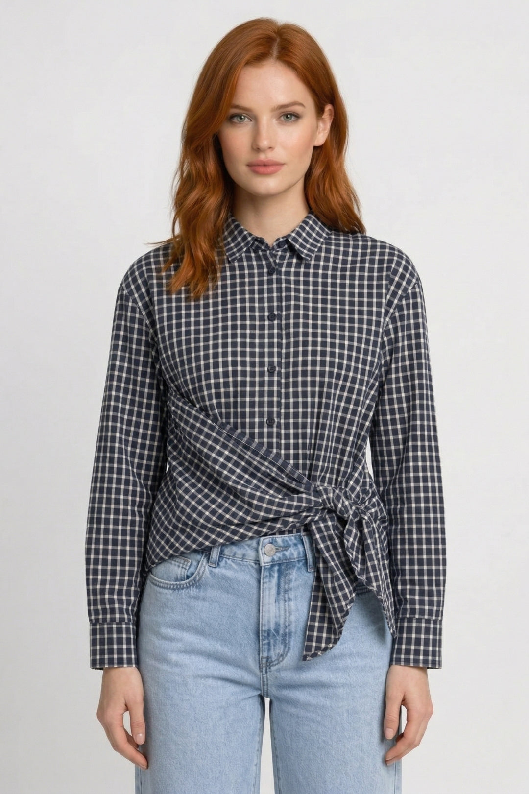 Geruite Damesblouse met Strikdetail en Knoopsluiting - Zwart - Maelen
