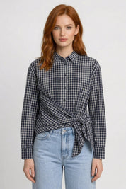 Geruite Damesblouse met Strikdetail en Knoopsluiting - Zwart - Maelen
