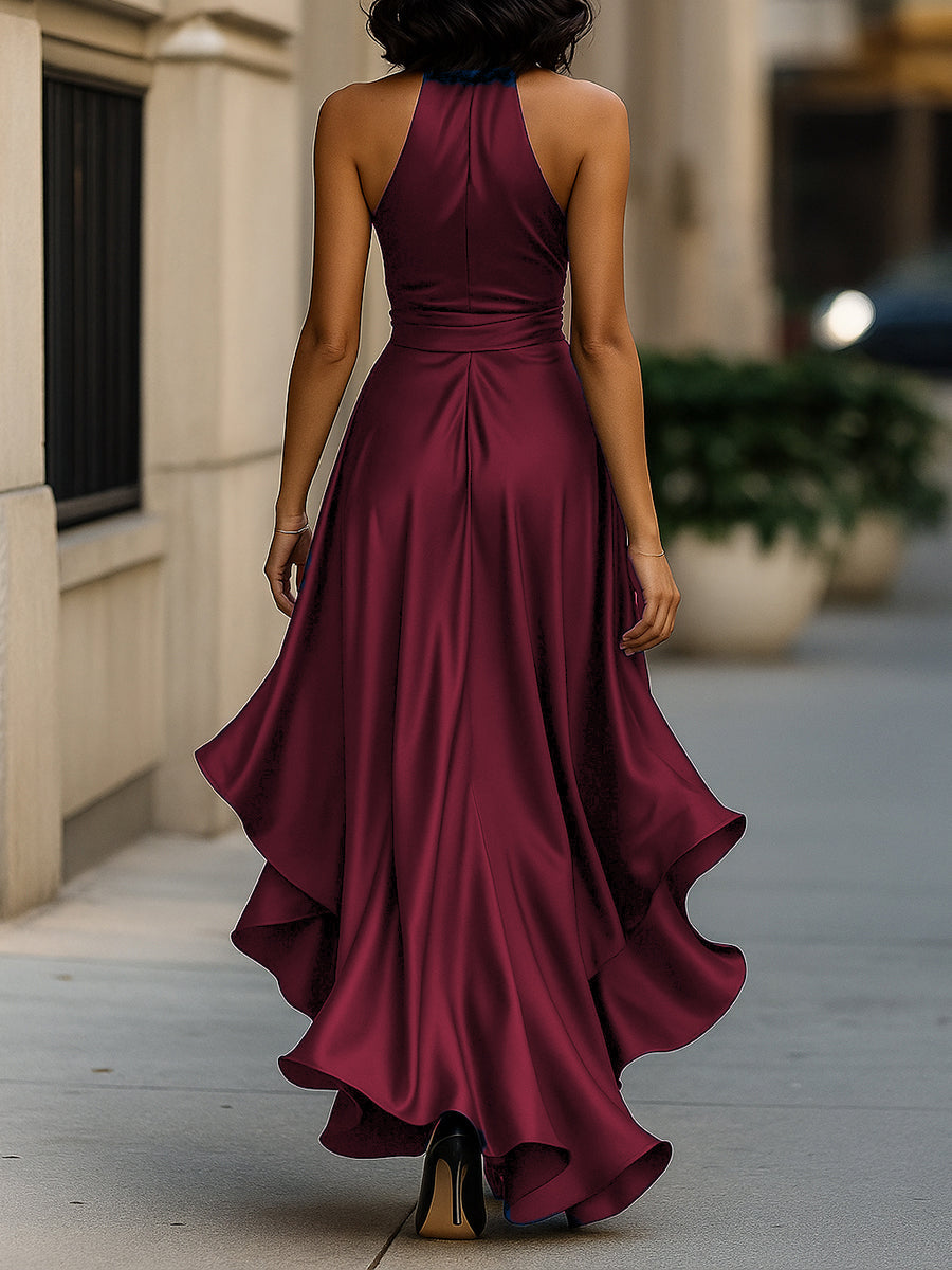 Dames Halter Maxi Jurk Satijn Look Diepe V-hals Split Vloerlengte Feestelijk - Marineblauw / Champagne / Bordeaux - Maelen