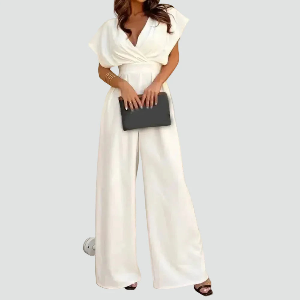Dames Jumpsuit met Overslaghals, Wijde Pijpen en Kapmouwen - Zwart/Beige/Wit