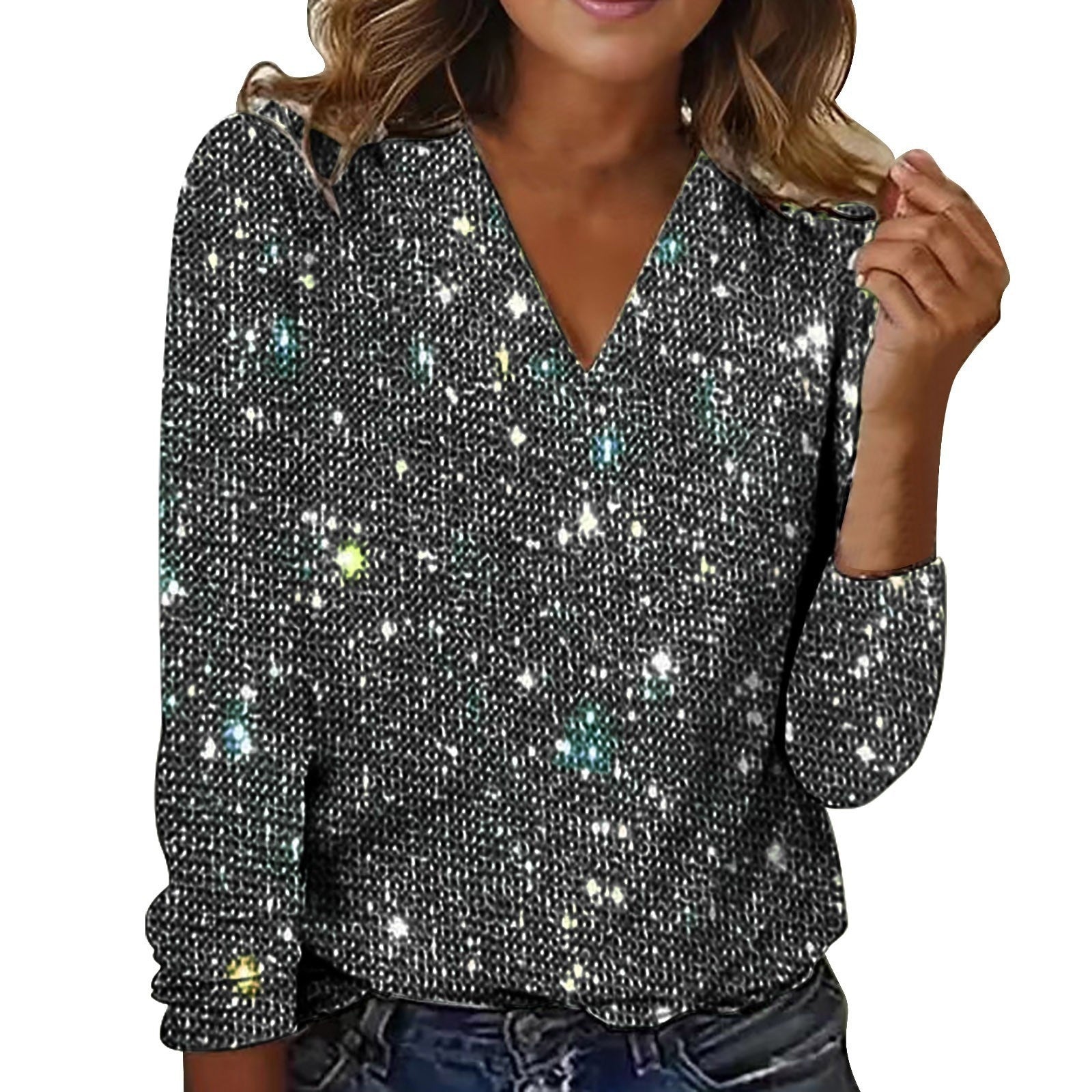 Giulia Dames Glitter V-Hals Blouse – Trendy Lange Mouwen Top voor Lente & Zomer