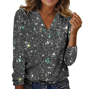 Giulia Dames Glitter V-Hals Blouse – Trendy Lange Mouwen Top voor Lente & Zomer
