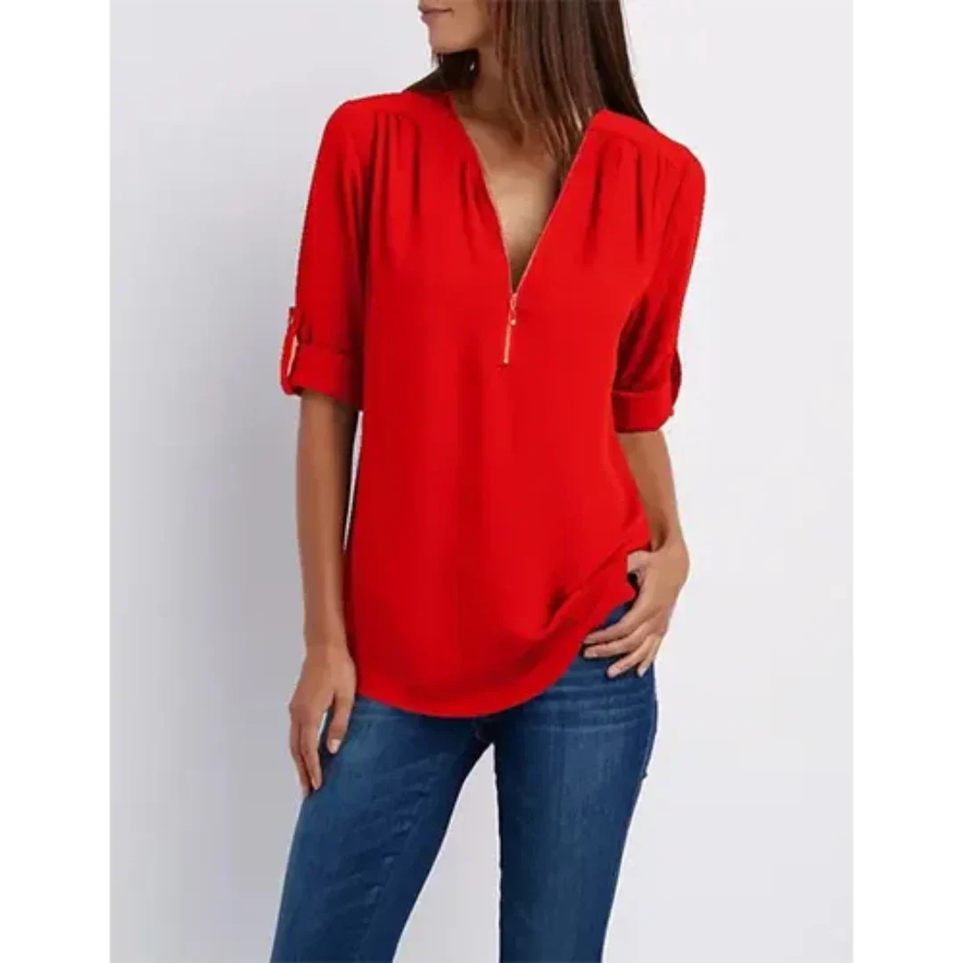 Nora Blouse | Comfortabele Damesblouse met Halve Rits en Relaxte Pasvorm