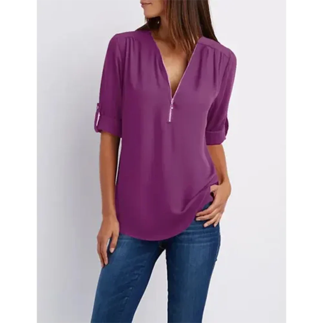 Nora Blouse | Comfortabele Damesblouse met Halve Rits en Relaxte Pasvorm