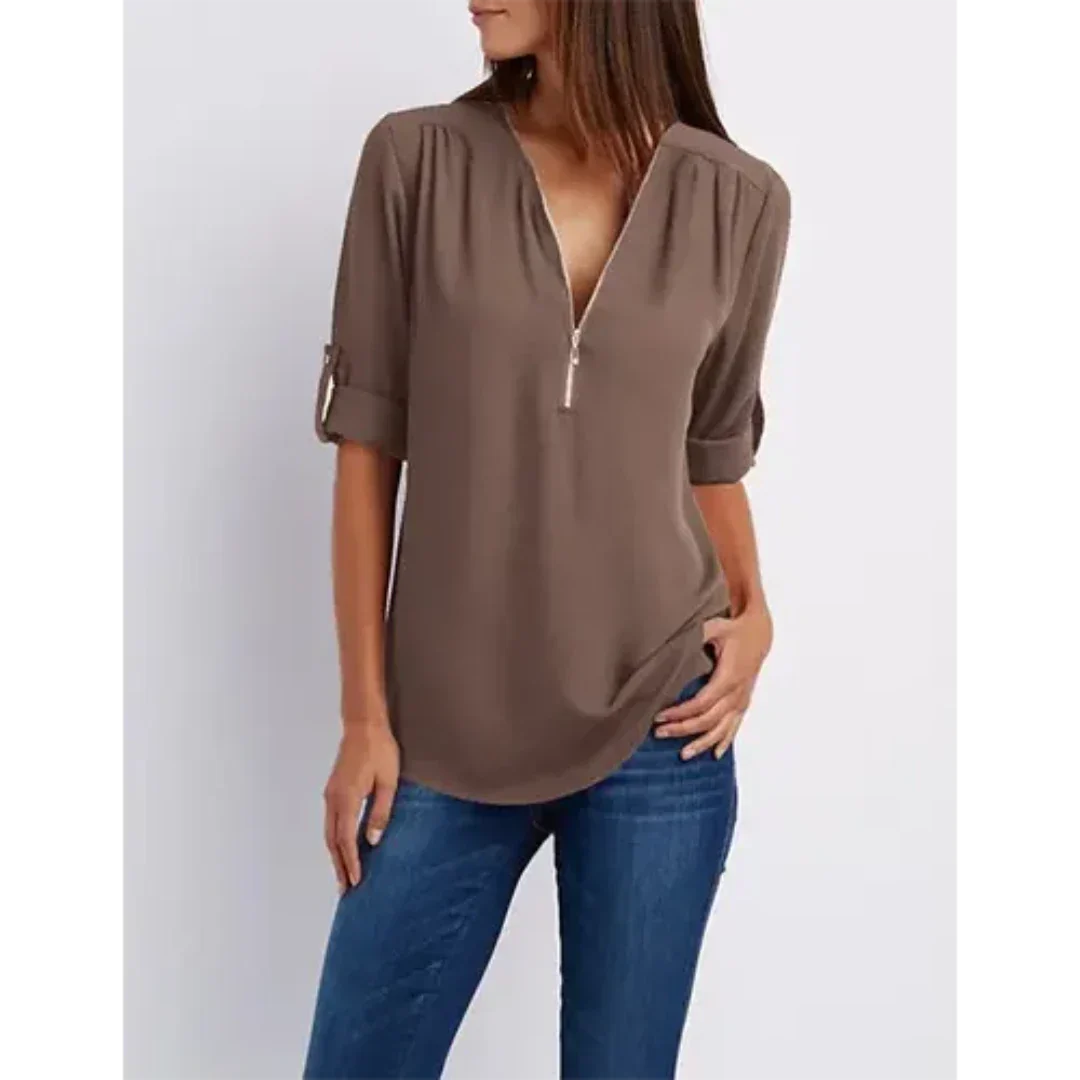 Nora Blouse | Comfortabele Damesblouse met Halve Rits en Relaxte Pasvorm