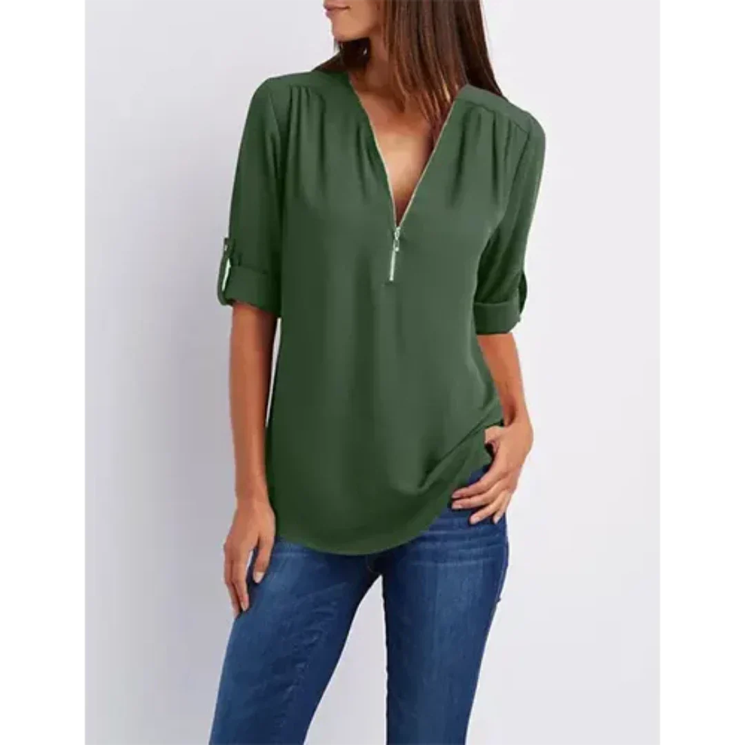 Nora Blouse | Comfortabele Damesblouse met Halve Rits en Relaxte Pasvorm