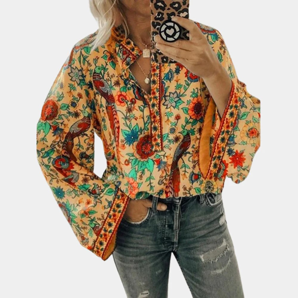 Sofia Blouse | Oranje Boho Blouse met Bloemenprint en Elegante Opstaande Kraag