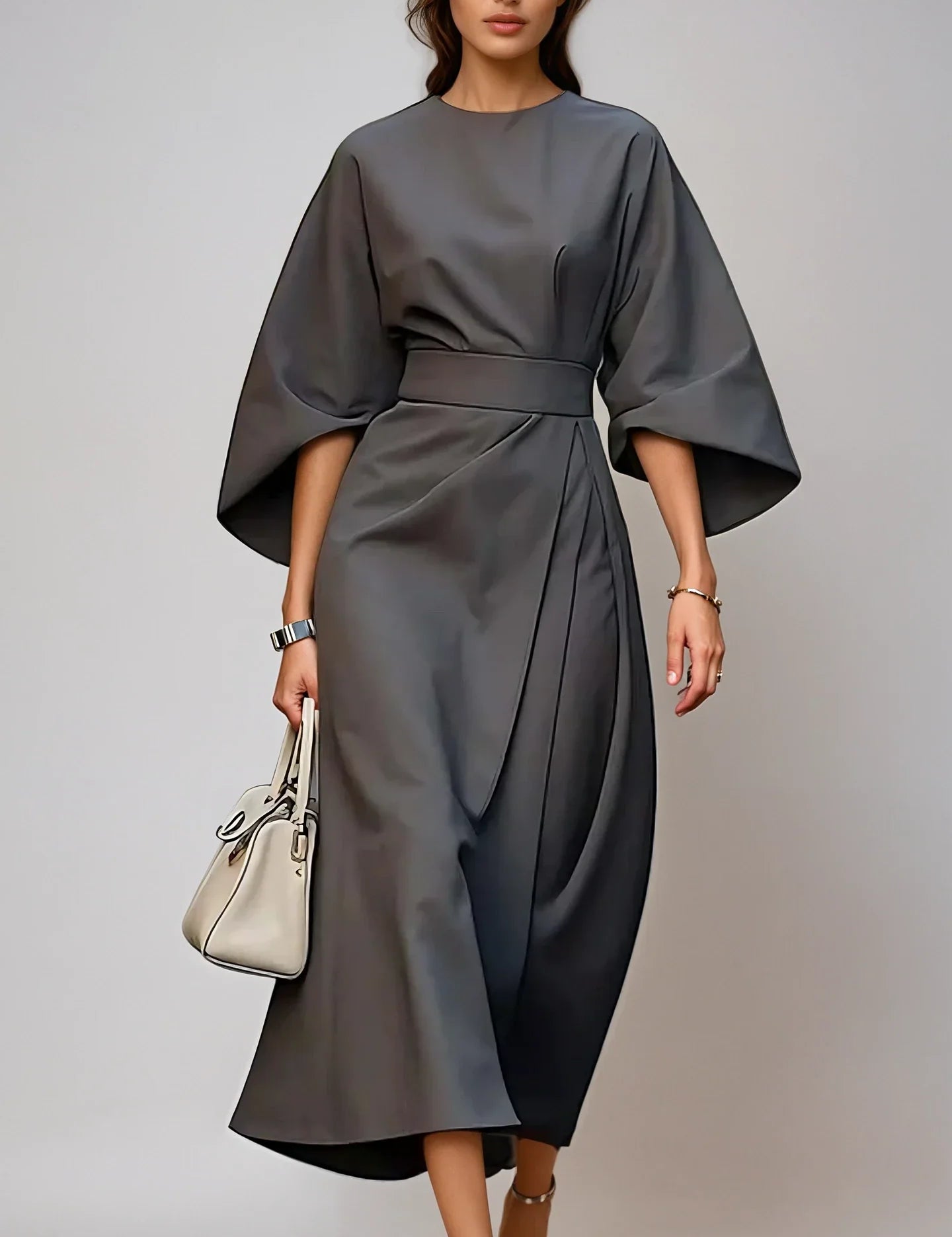 Am_lie_Vercourt_Elegante_Damesjurk_met_Lantaarnmouwen_en_Ceintuur_Grijs.webp