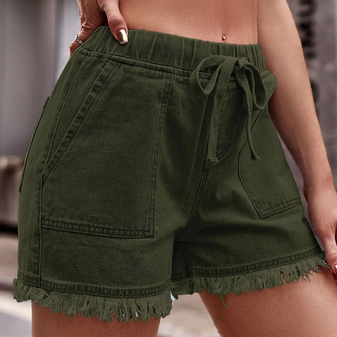 Siena Shorts | Luchtige Denim Shorts met Franje Afwerking en Elastische Tailleband