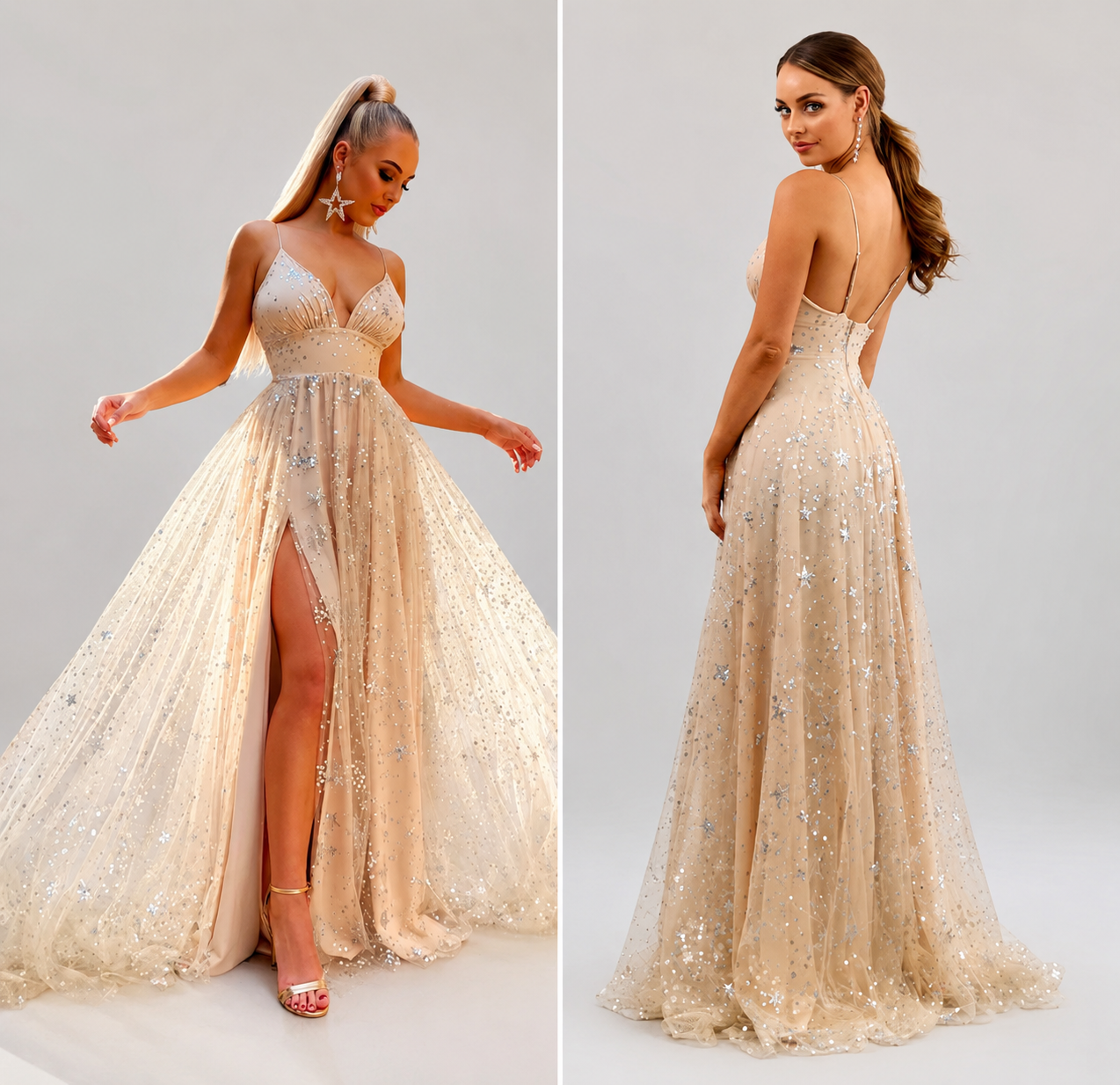 Aurora Avondjurk | Chiffon Dames Jurk met Pailletten en Hoge Split