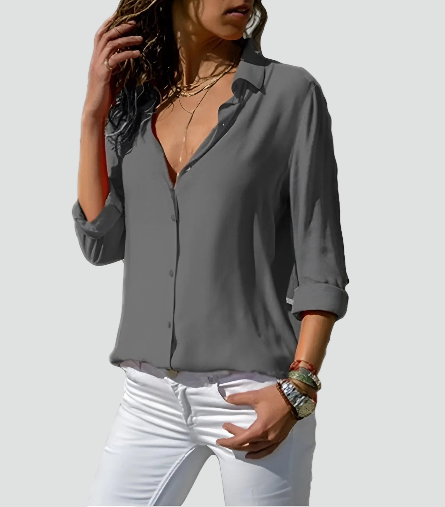 Lichte Damesblouse met Lange Mouwen en V-hals - Oranje/Zwart/Wit