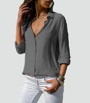 Lichte Damesblouse met Lange Mouwen en V-hals - Oranje/Zwart/Wit