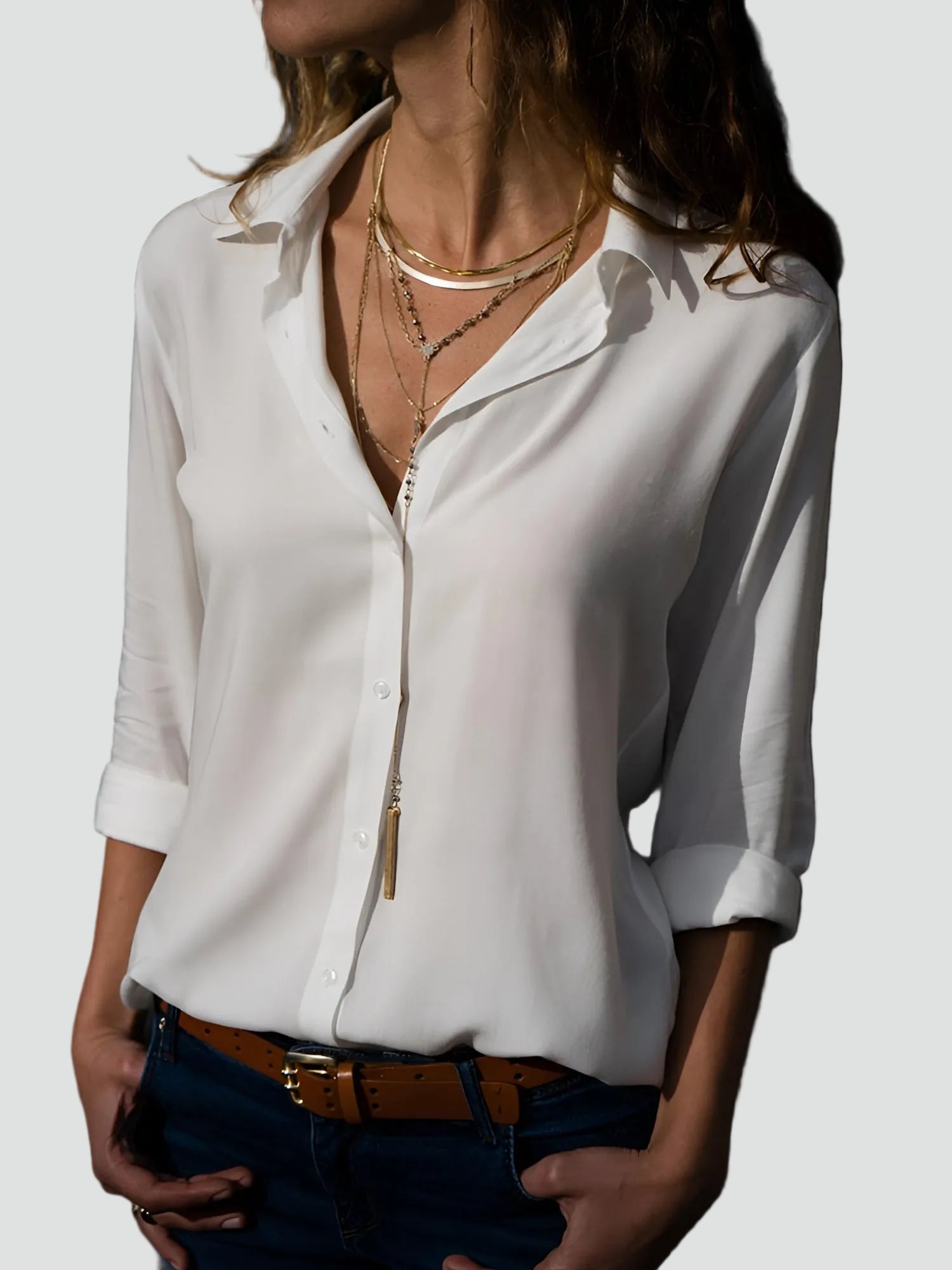 Lichte Damesblouse met Lange Mouwen en V-hals - Oranje/Zwart/Wit
