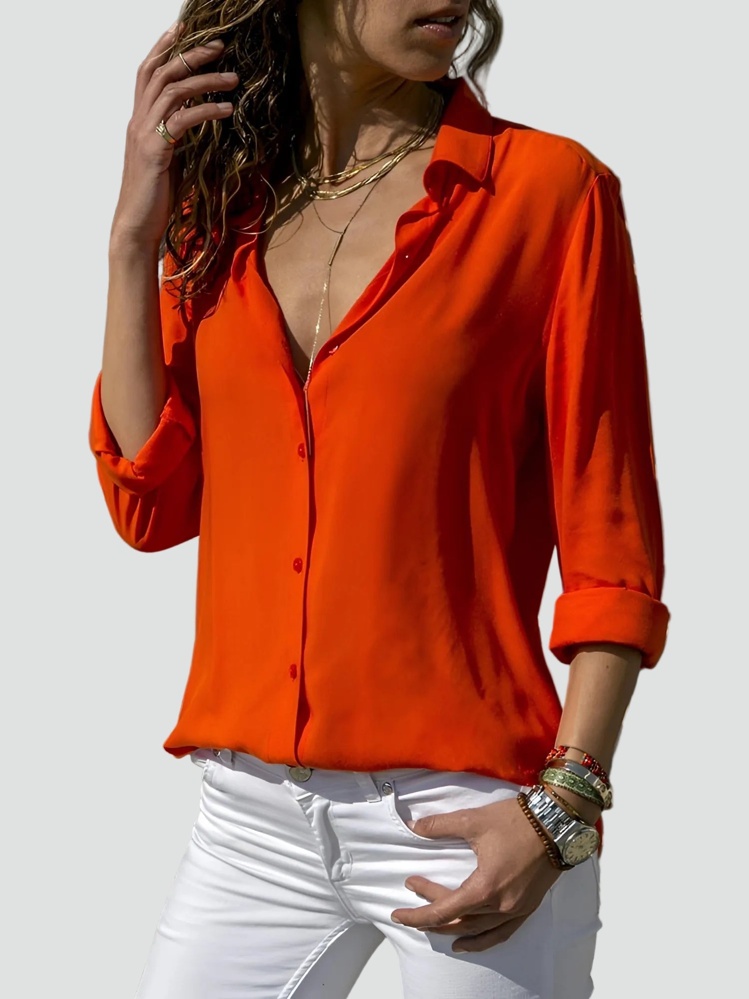 Lichte Damesblouse met Lange Mouwen en V-hals - Oranje/Zwart/Wit