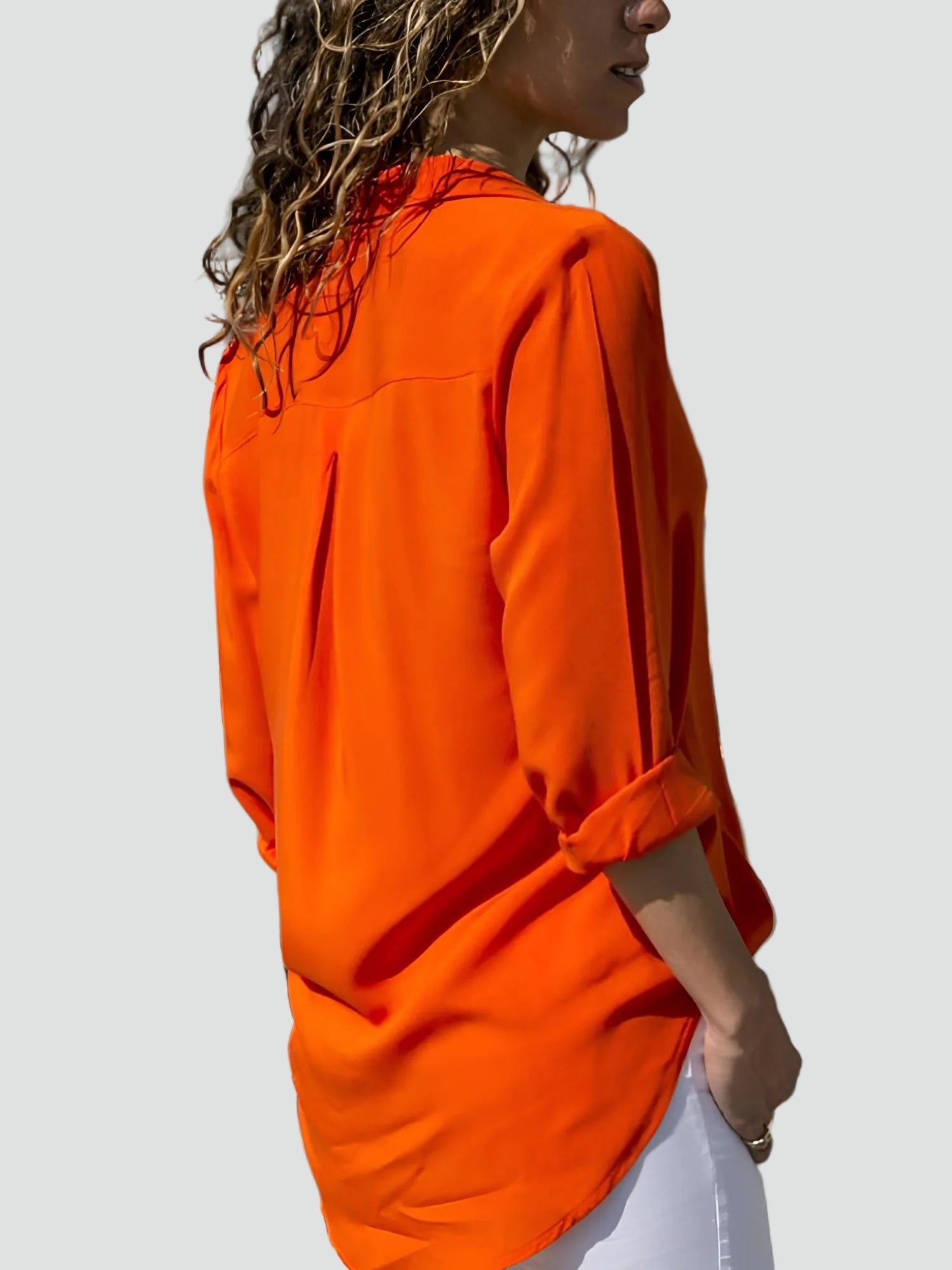 Lichte Damesblouse met Lange Mouwen en V-hals - Oranje/Zwart/Wit