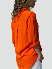 Lichte Damesblouse met Lange Mouwen en V-hals - Oranje/Zwart/Wit