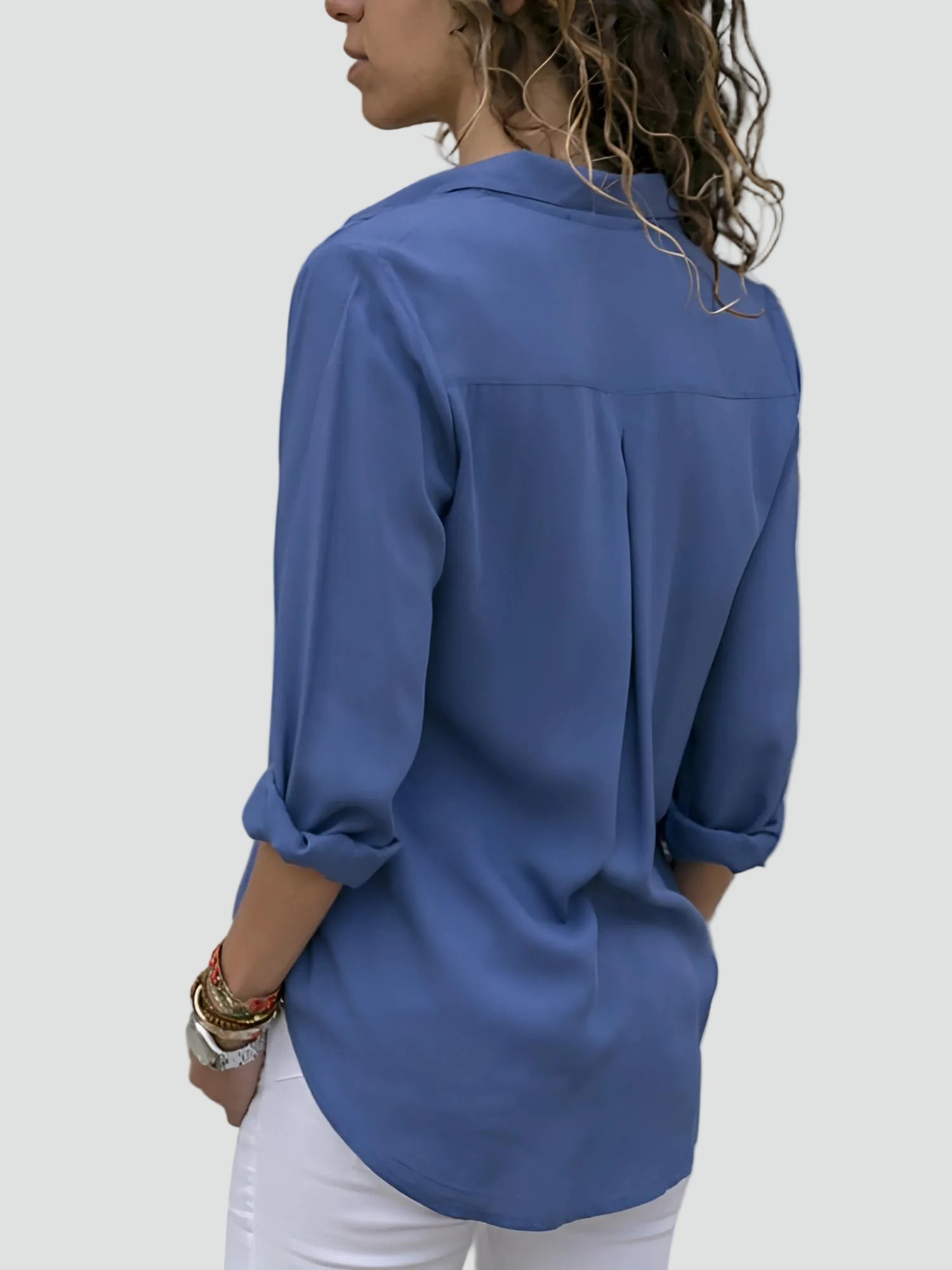 Lichte Damesblouse met Lange Mouwen en V-hals - Oranje/Zwart/Wit