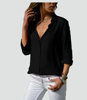 Lichte Damesblouse met Lange Mouwen en V-hals - Oranje/Zwart/Wit