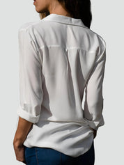 Lichte Damesblouse met Lange Mouwen en V-hals - Oranje/Zwart/Wit