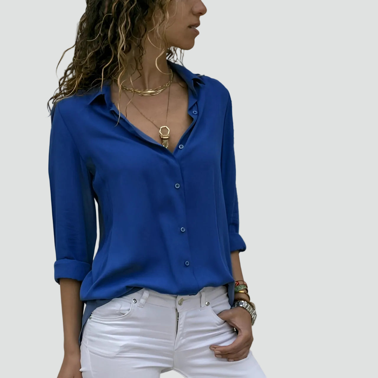 Lichte Damesblouse met Lange Mouwen en V-hals - Oranje/Zwart/Wit