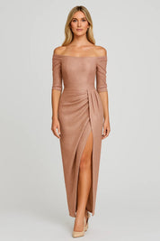Off Shoulder Midi Jurk Dames Aansluitend Split Feest - Champagne / Rood - Maelen