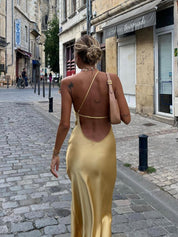 Satijnen Maxi Jurk | Lange Jurk met Open Rug en Split - Alessia Fiora