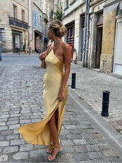 Satijnen Maxi Jurk | Lange Jurk met Open Rug en Split - Alessia Fiora