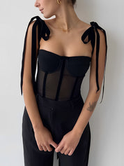 Zwarte Mesh Crop Top Dames met Strikbandjes - Alessia Bellamore