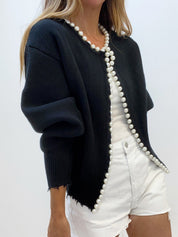 Parel Detail Vest Dames met Gerafelde Zoom | Gebreid Openvallend Vest – Giulia Bellamore