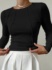Dames Longsleeve Geribd Top Pijpnaad Detail Aansluitend - Zwart / Wit / Navy - Maelen