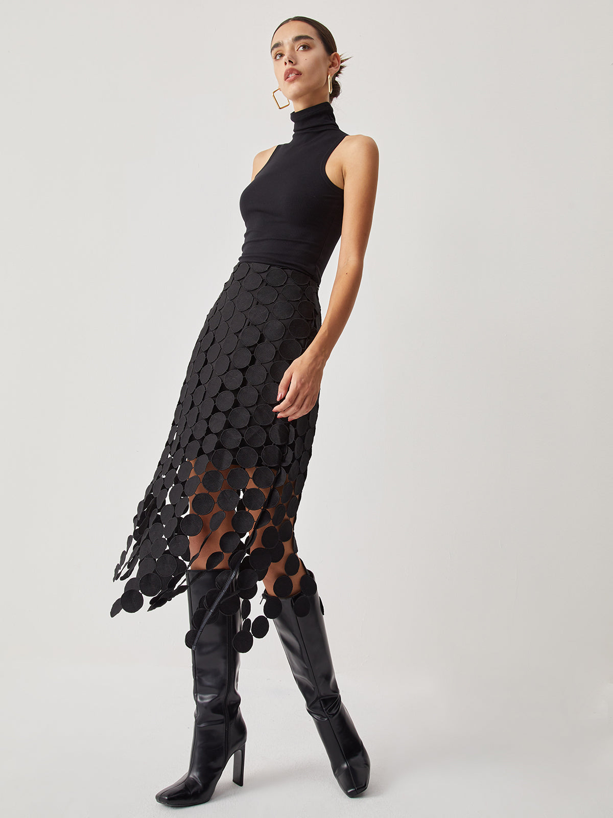 Midi Rok Zwart Dames Hoog Taille Met Laser Cut en Fringe Detail - Valentina Bellucci