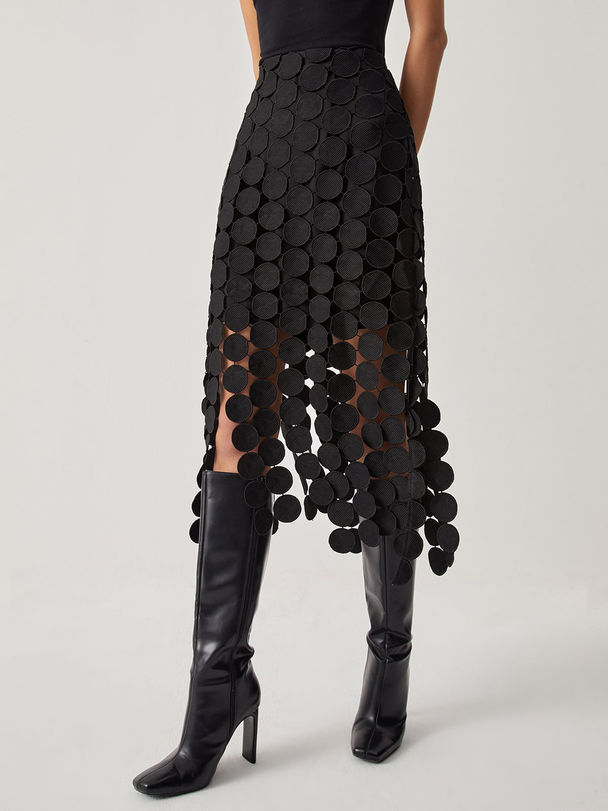 Midi Rok Zwart Dames Hoog Taille Met Laser Cut en Fringe Detail - Valentina Bellucci