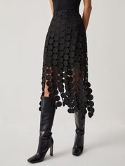 Midi Rok Zwart Dames Hoog Taille Met Laser Cut en Fringe Detail - Valentina Bellucci