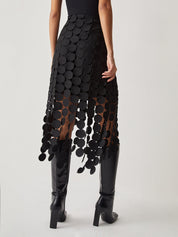 Midi Rok Zwart Dames Hoog Taille Met Laser Cut en Fringe Detail - Valentina Bellucci
