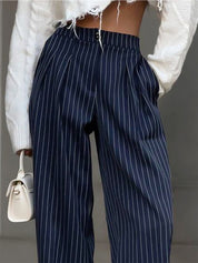 Hedy | Gestreepte Wide-Leg Damesbroek met Hoge Taille - Elegant, Kantoorklaar en Comfortabel - Marine