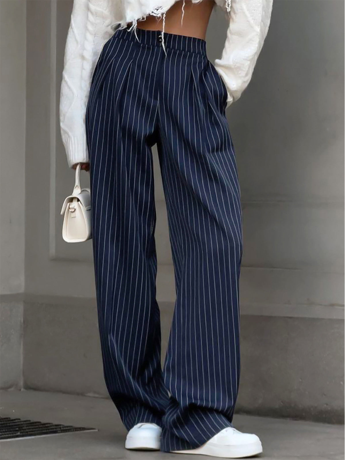 Hedy | Gestreepte Wide-Leg Damesbroek met Hoge Taille - Elegant, Kantoorklaar en Comfortabel - Marine