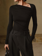 Geribde Top Dames met Asymmetrische Hals en Lange Mouwen | Valentina Romano