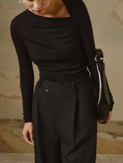 Geribde Top Dames met Asymmetrische Hals en Lange Mouwen | Valentina Romano