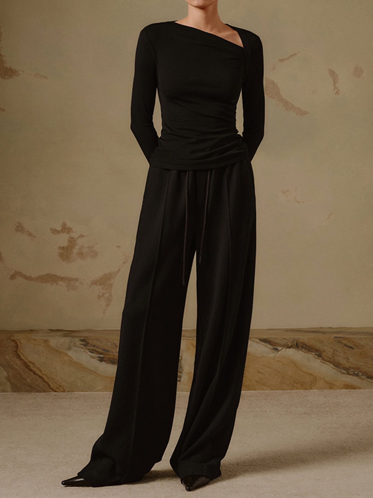 Geribde Top Dames met Asymmetrische Hals en Lange Mouwen | Valentina Romano