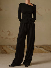 Geribde Top Dames met Asymmetrische Hals en Lange Mouwen | Valentina Romano