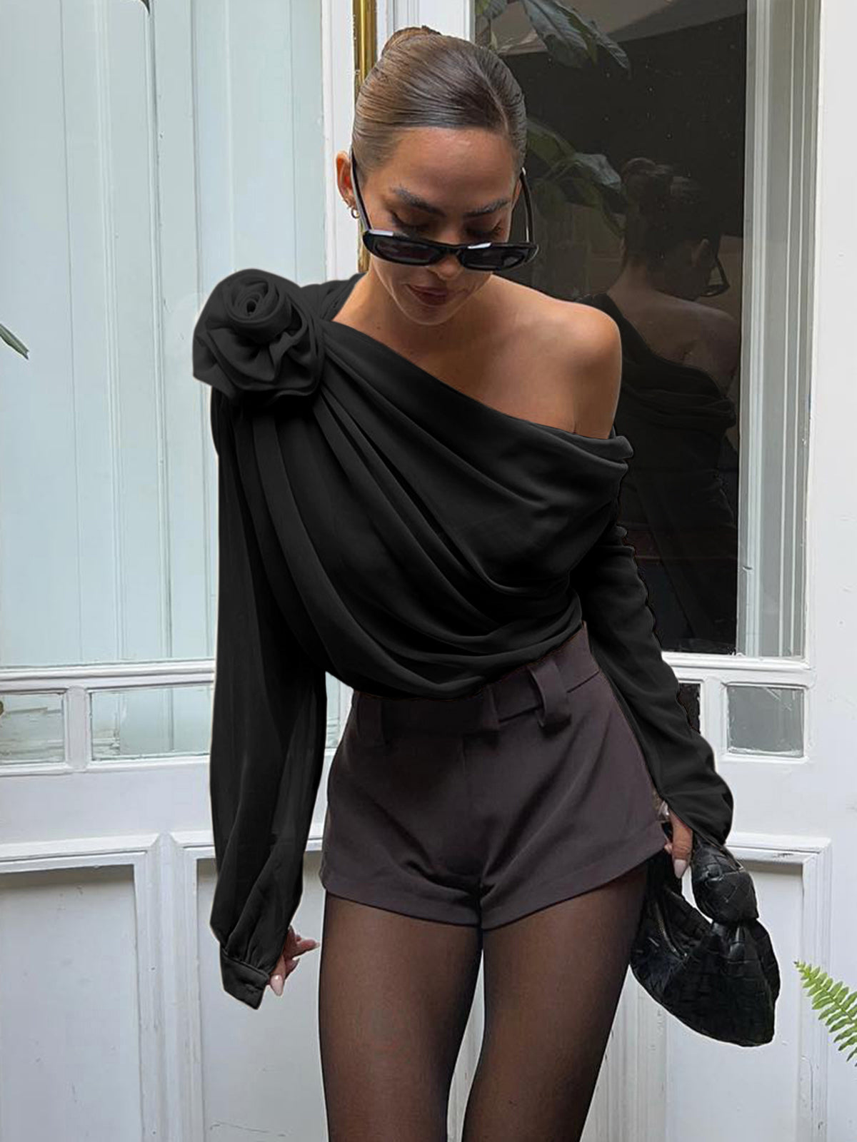 One Shoulder Blouse Dames Chiffon met Roos - Alessandra Bellamore