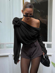 One Shoulder Blouse Dames Chiffon met Roos - Alessandra Bellamore