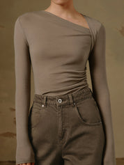 Geribde Top Dames met Asymmetrische Hals en Lange Mouwen | Valentina Romano