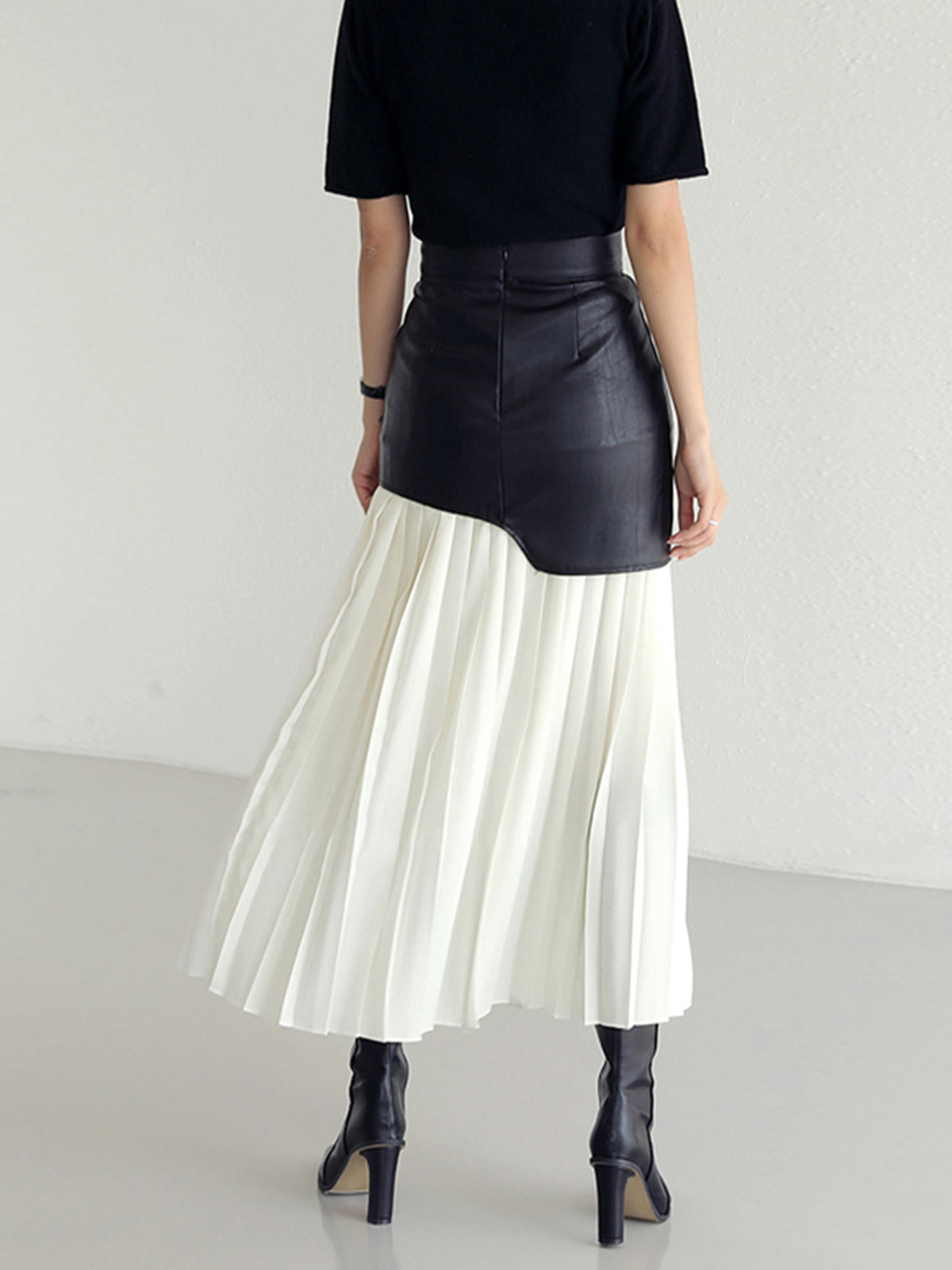 Lange Rok Dames Maxi met Plissé en Imitatieleer Patchwork | Giulia Bellamore