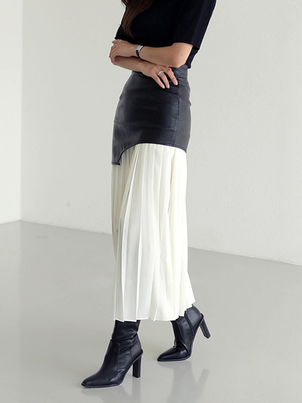Lange Rok Dames Maxi met Plissé en Imitatieleer Patchwork | Giulia Bellamore