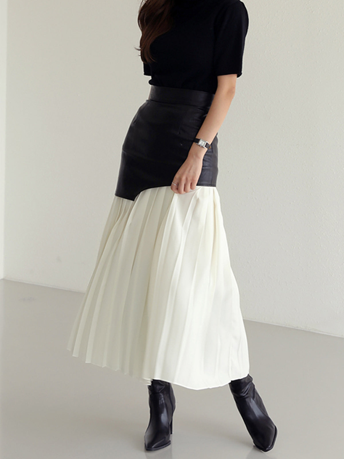 Lange Rok Dames Maxi met Plissé en Imitatieleer Patchwork | Giulia Bellamore