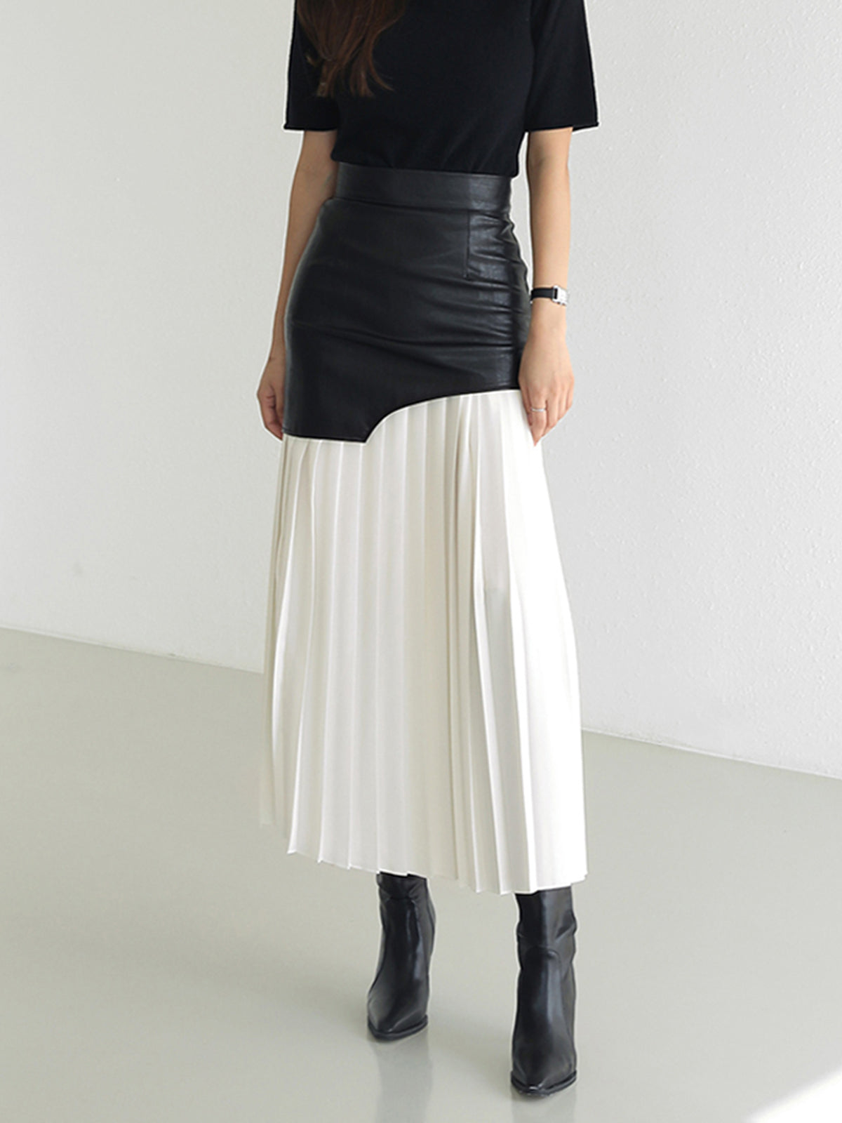 Lange Rok Dames Maxi met Plissé en Imitatieleer Patchwork | Giulia Bellamore