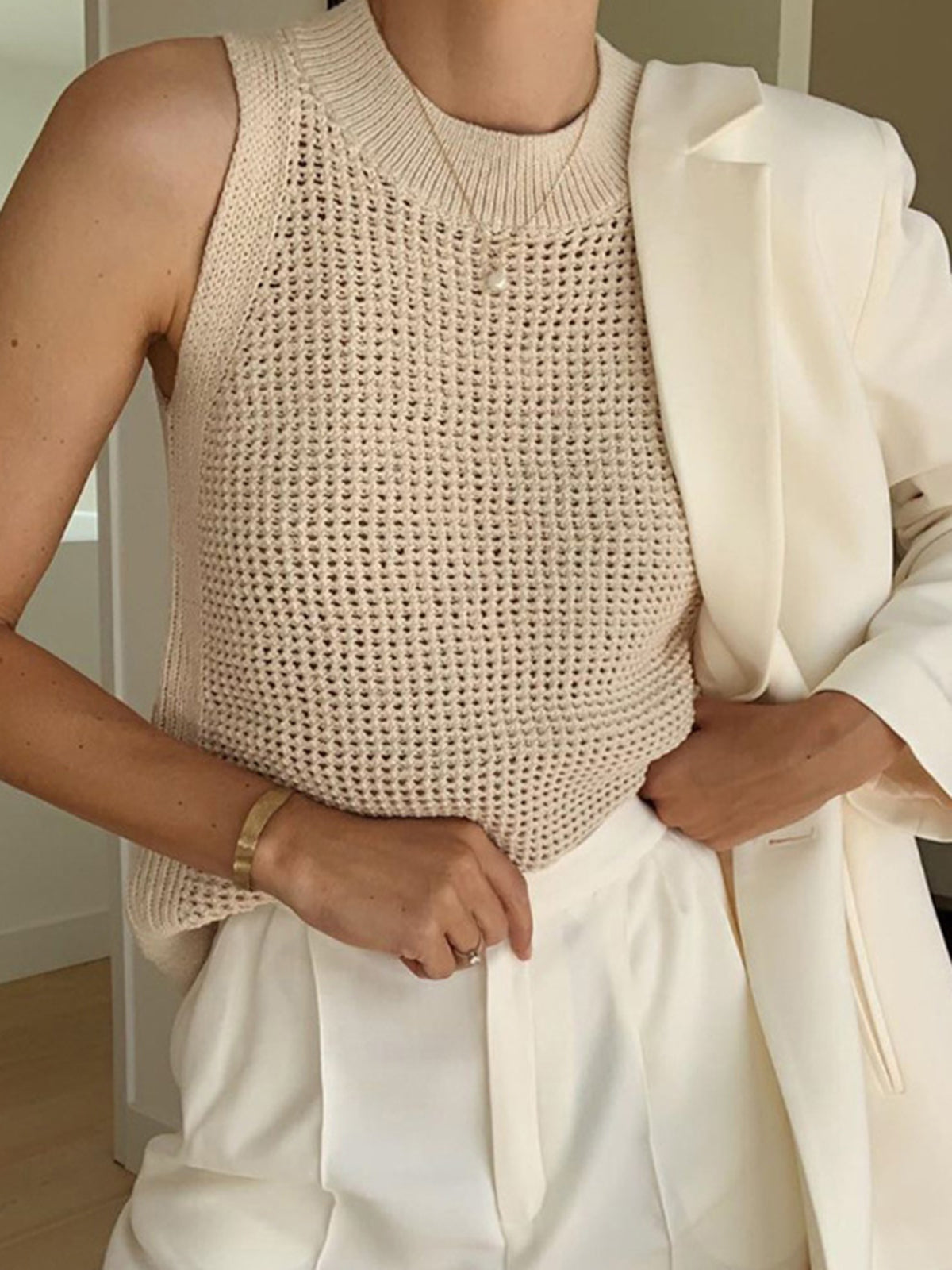 Dames Gebreide Mouwloze Top Ajour Detail Effen - Abrikoos / Zwart / Bordeaux - Maelen